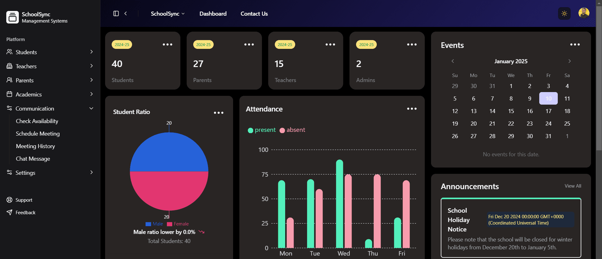 SchoolSync — school management platform dashboard